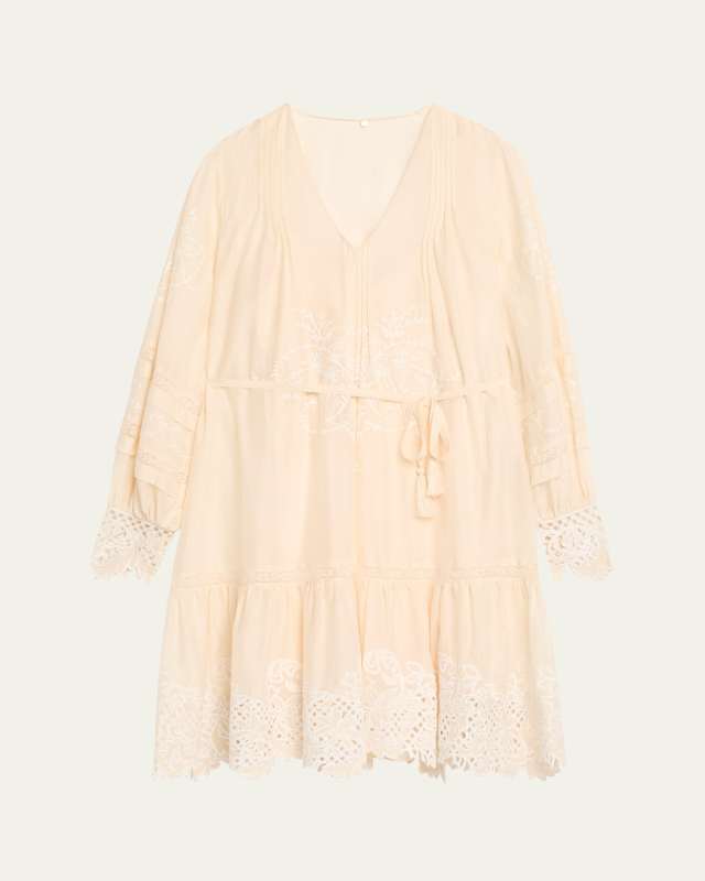 Sykora Embroidered Long-Sleeve Belted Dress